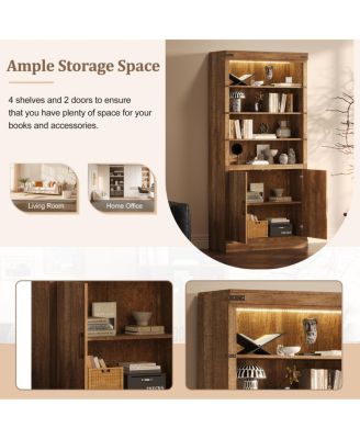Streamdale Modern Bookshelf with Doors, 3-Tier Adjustable Shelves, LED Light, Walnut