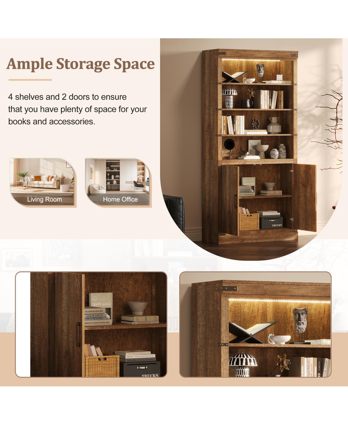 Streamdale Modern Bookshelf with Doors, 3-Tier Adjustable Shelves, Led Light, Walnut