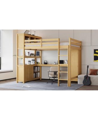  Wood Loft Bed with Cabinet, Bookshelf, Wardrobe & Desk, Queen Size
