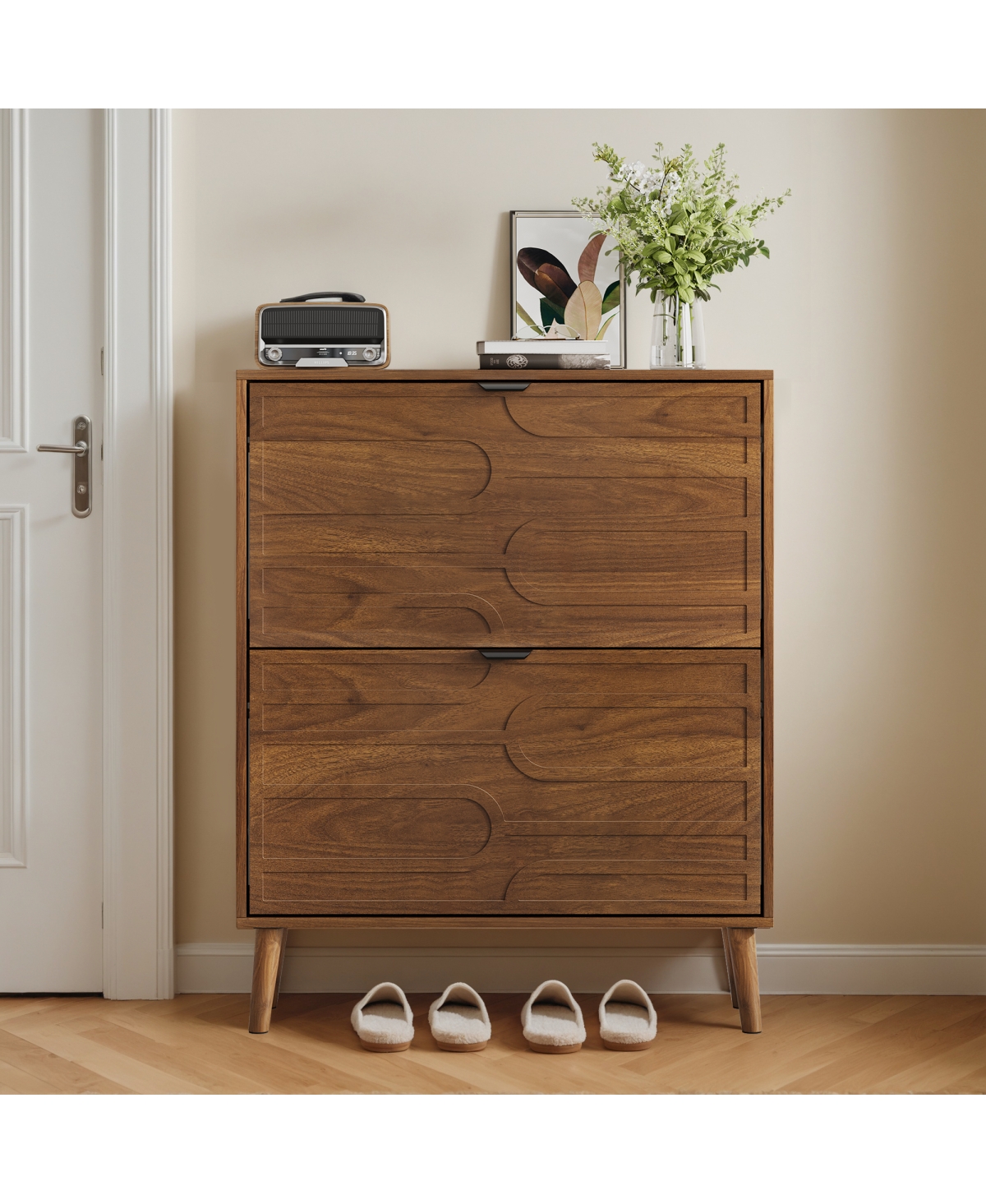Streamdale Furniture Medieval Modern Independent Shoe Cabinet, Walnut Shoe Storage Cabinet, Fence Shoe Cabinet