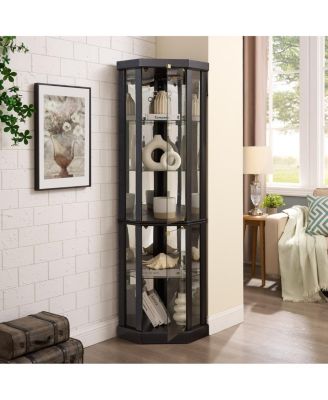 Lighted Corner Curio Cabinet - Glass Display Case for Living Room & Bar Storage - Black