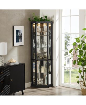 Lighted Corner Curio Cabinet - Glass Display Case for Living Room & Bar Storage - Black