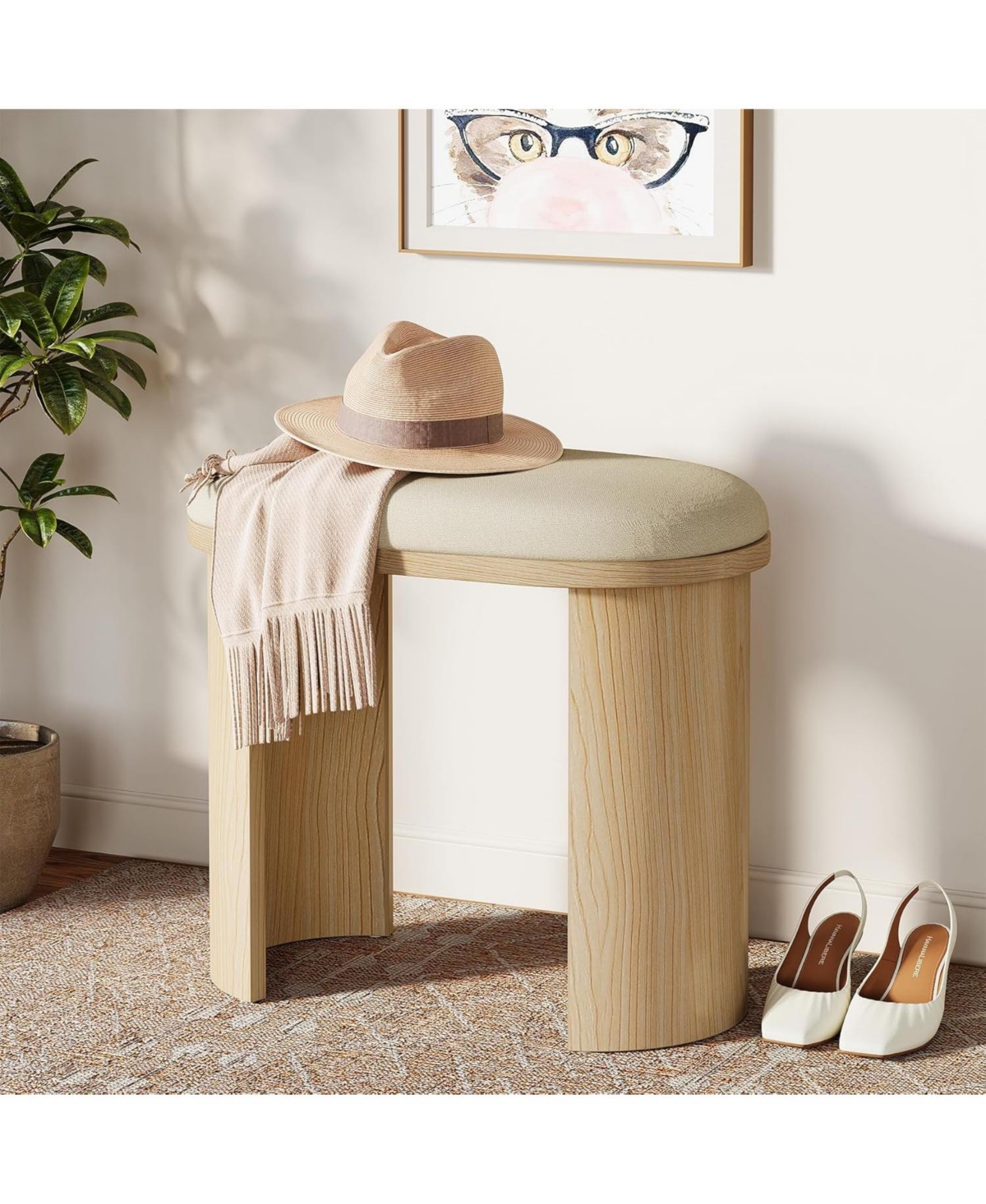 Tribesigns 23.6-Inch Vanity Stool Chair, Ottoman Stool Foot Rest for Couch with Cushion and Wooden Frame, Small Entryway Bench, Beige