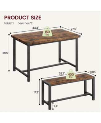 3 Piece Dining Table Set for 4 with Space-Saving Benches, Tabletop, Steel Frame, Modern Farmhouse Kitchen Table for Small Spaces