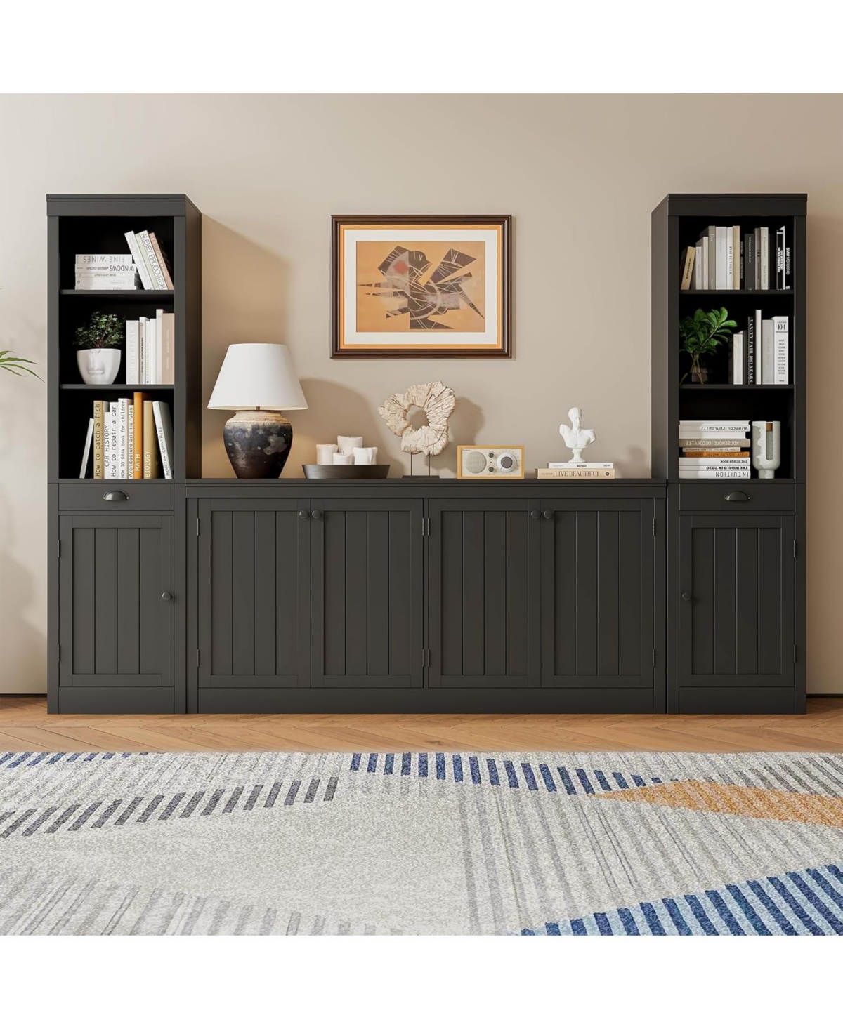 gaomon 63" Buffet Sideboard with 4 Striped Door, Wooden Buffet Cabinet with Storage, Modern Coffee Bar Cabinet with Adjustable Shelf