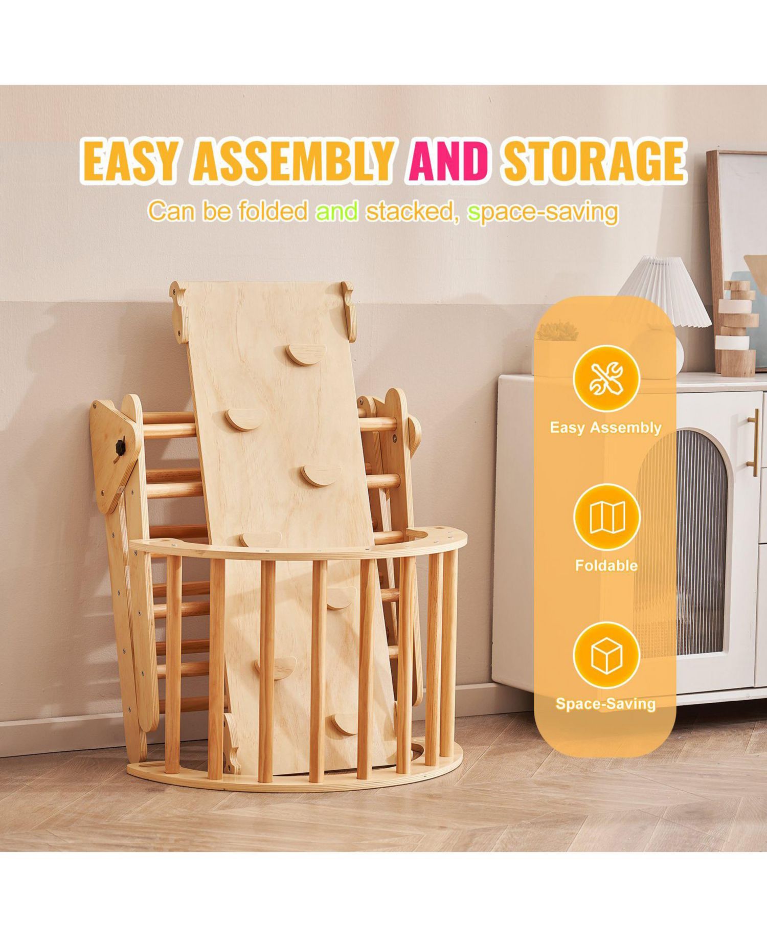 Pikler Triangle 5-in-1 Montessori-Inspired Wooden Climbing Gym, 3-Piece Set