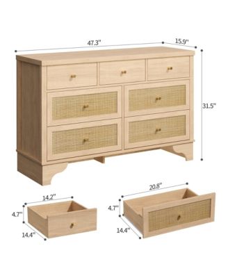 7 Drawer Dresser for Bedroom, 47.3" Wide Natural Rattan Chest of Drawers