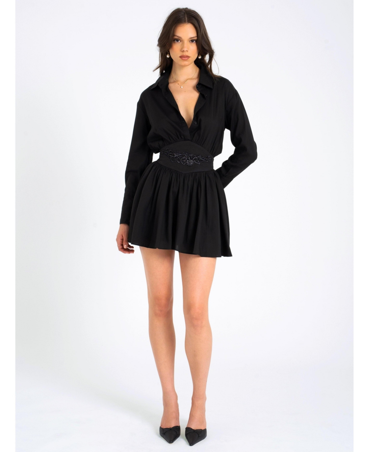 Miss Circle Women's Jamila Black Shirt Mini Dress with Embroidered Waist Detail