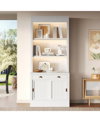  83.4" Tall Bookshelf with 3-Layer LED Lightings and Sliding Doors, White