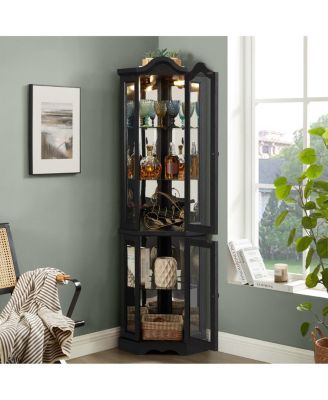 Lighted Oak Curio Cabinet with Tempered Glass Doors & Shelves - Black