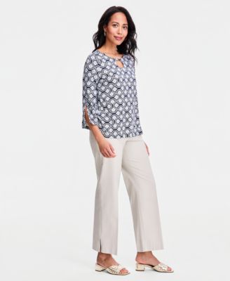 Women's Printed Keyhole-Neck Split-Sleeve Top