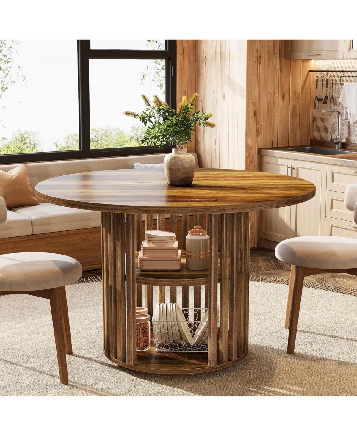 Tribesigns 47-Inch Round Dining Table for 4, Farmhouse Kitchen Table with 2-Tier Storage Shelf and Solid Wood Base, Brown