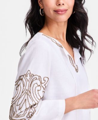 Women's Bead-Embellished Linen-Blend Top