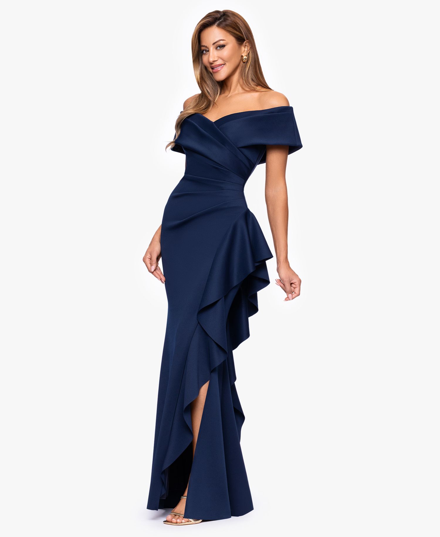 Petite Sweetheart Neck Side Ruffle Off-The-Shoulder Long Dress