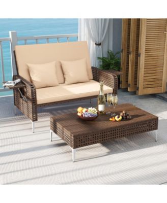 2-Piece Patio Rattan Daybed Set with Loveseat and Ottoman