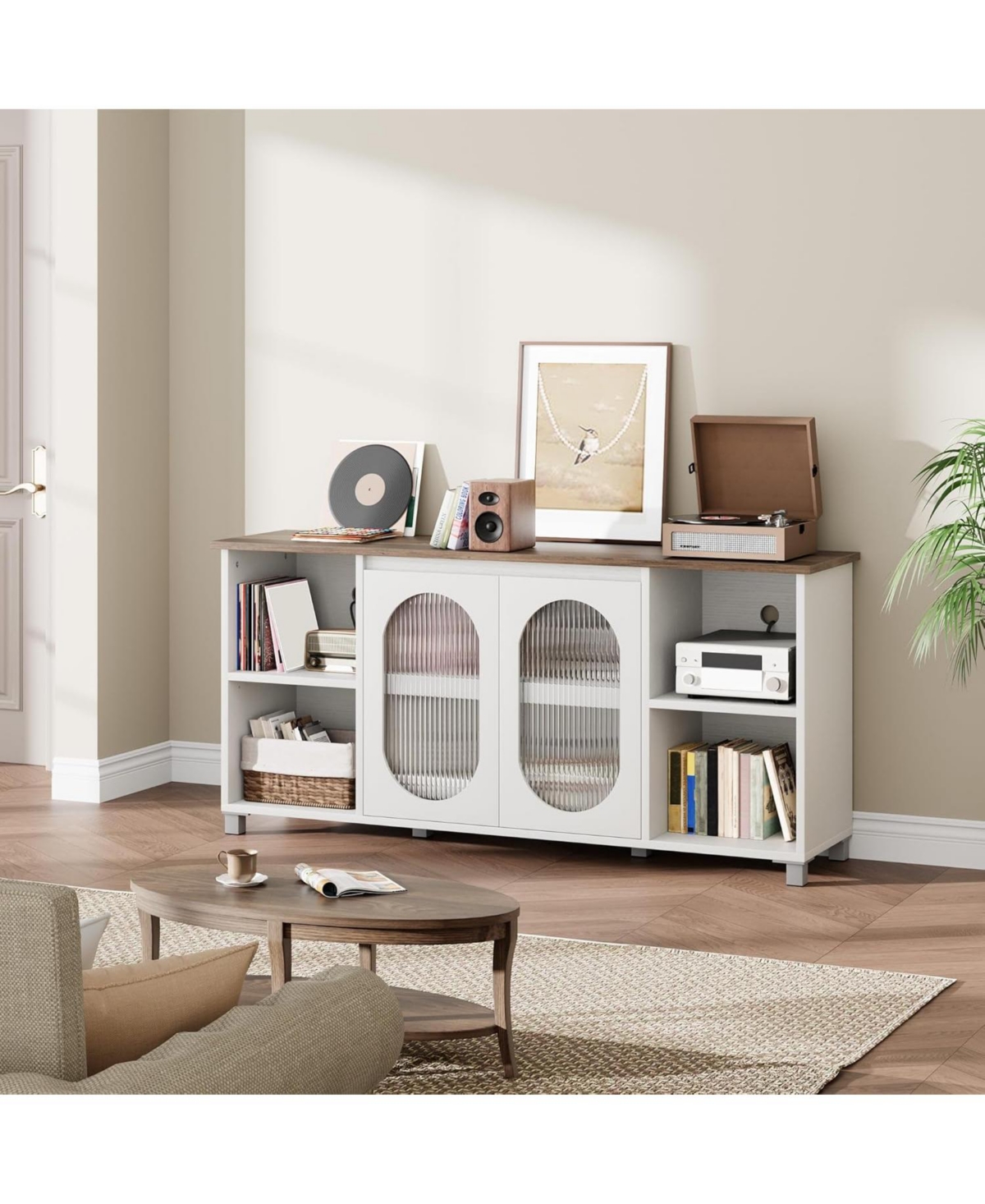 gaomon Modern Tv Stand for 70" Tv, Black Entertainment Center with Shelves and Glass Doors