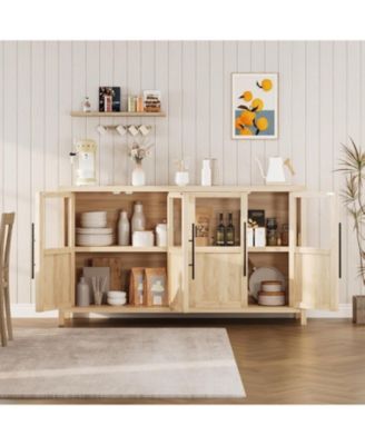 Glass Door Buffet Cabinet, 55-Inch Modern Rustic Farmhouse Sideboard, Wood Grain Finish, Versatile Storage for Kitchen, Dining Room