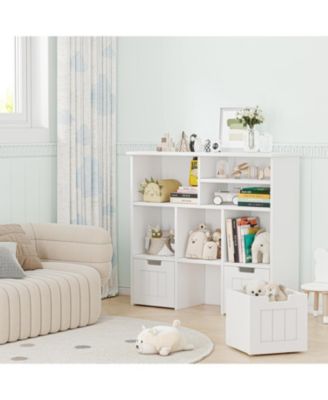 Toy Storage Cabinet with 3 Movable Drawers & 6 Cubes, Children's Toy Shelf Kids Bookshelf with Hidden Wheels