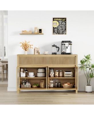 55" Large Sideboard Buffet Cabinet with Storage and 2 Fluted Drawer Front, Buffet Table Coffee Bar Storage Cabinet with 4 Glass Doors