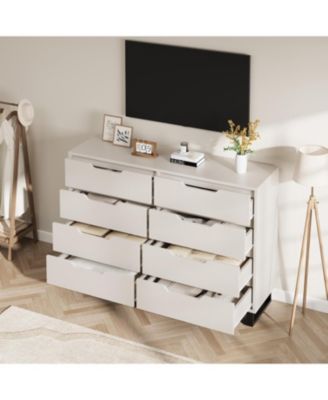 Farmhouse TV Stand with 8 Drawers Storage, Entertainment Center with Sturdy Metal Legs