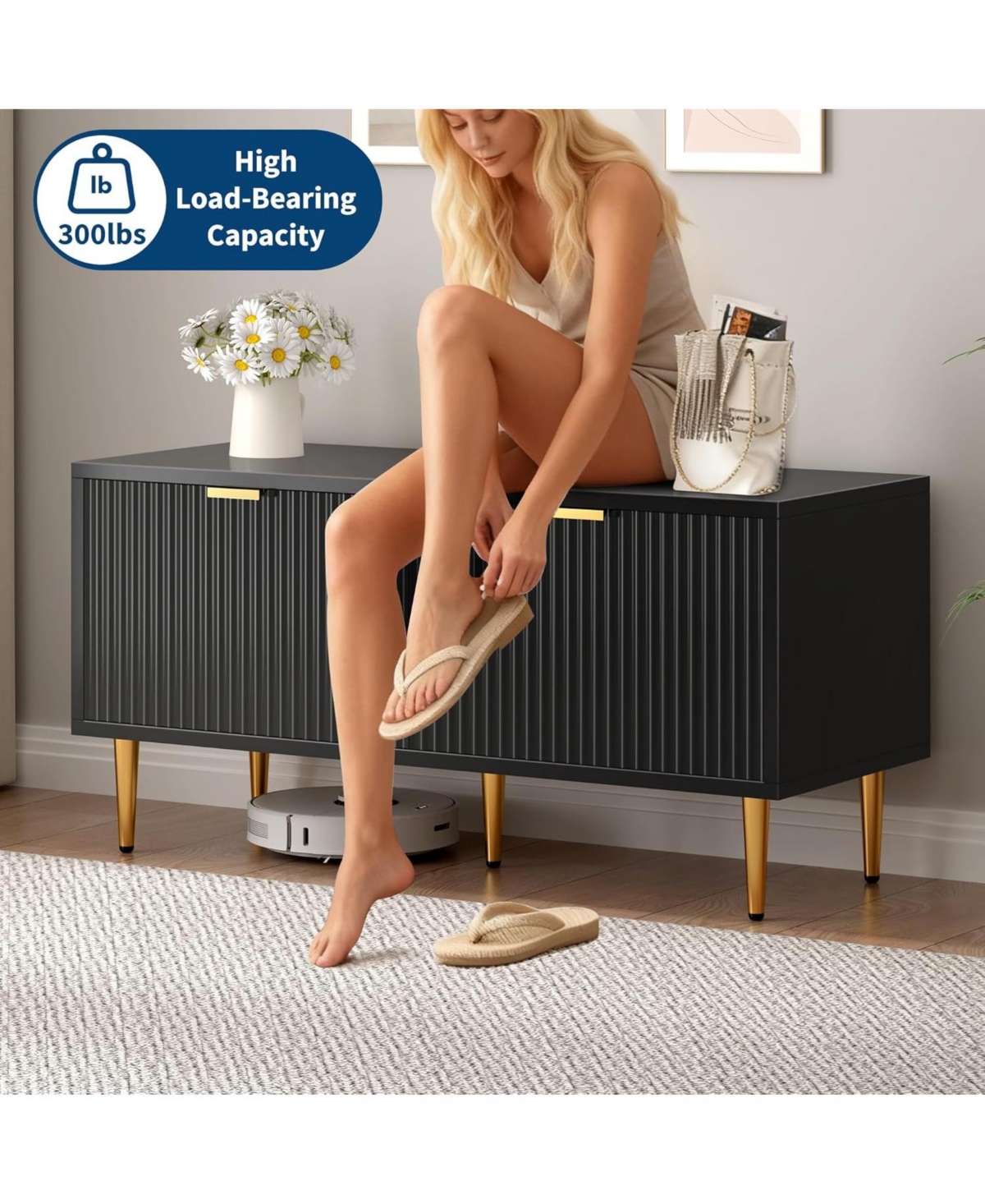 gaomon Shoe Cabinet, Fluted Entryway Bench with 2 Doors, Storage for Hallway, Living Room