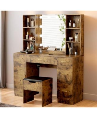 Modern Makeup Vanity Table Set With Lighted Mirror,56" Farmhouse Vanity Desk With Charge Station&Storage Shelves,Dressing Table