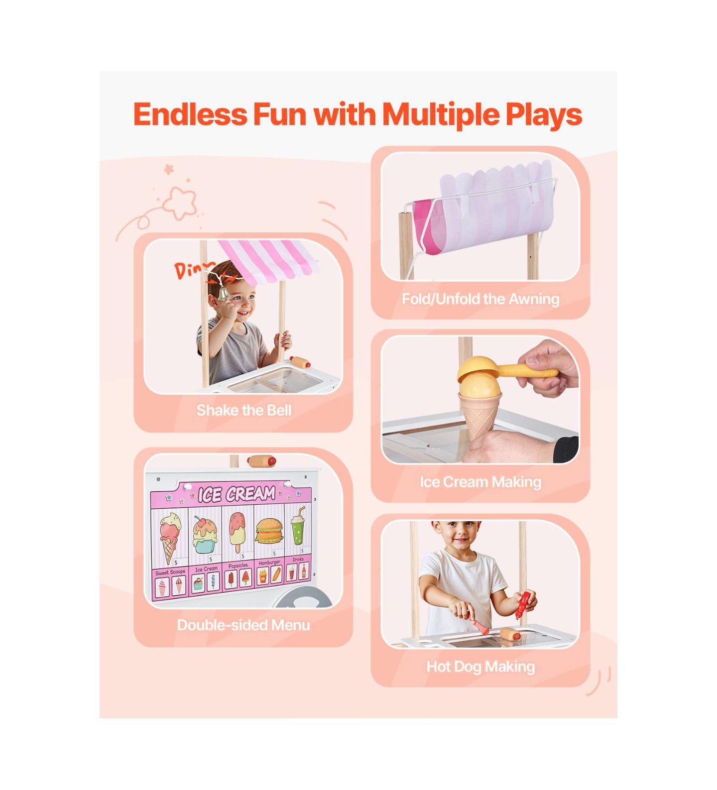 Детские игрушки Slickblue Ice Cream Cart 20+ Piece Set, Ages 3+, цвет: Розовый / Белый — фото 5