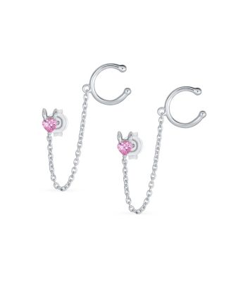 Tiny Pink CZ Heart Ear Cuff Chain Stud Earrings For Earlobe .925 Sterling Silver