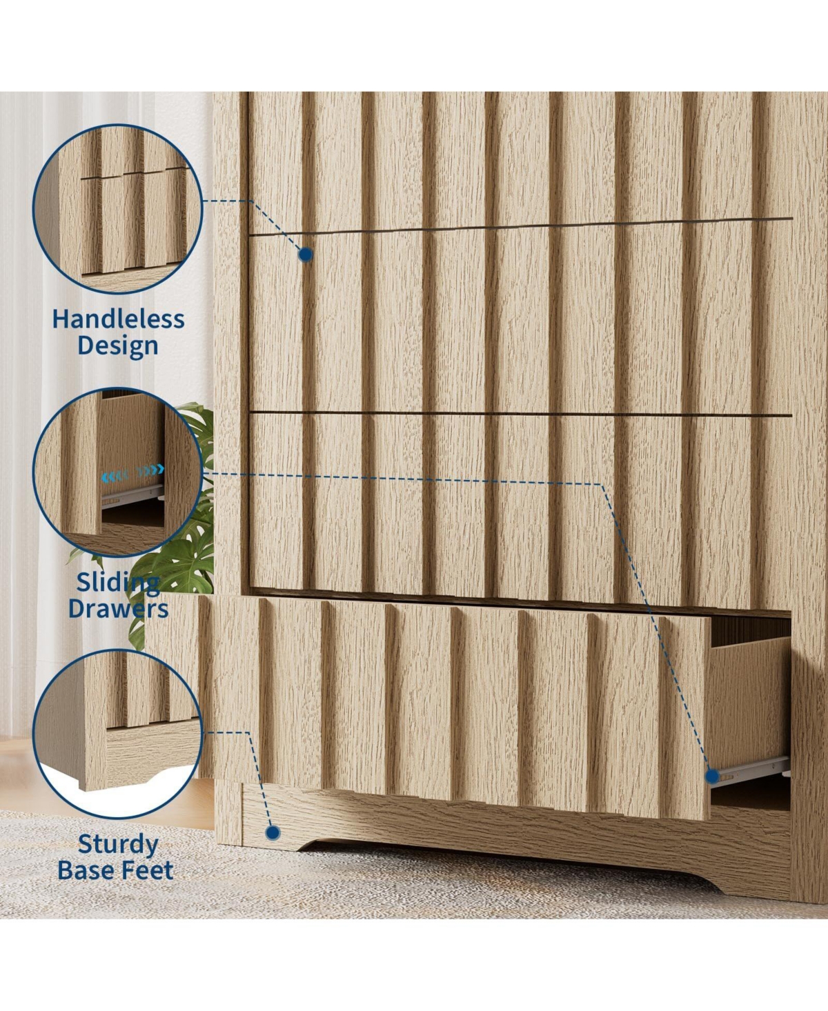 Gaomon Modern Fluted Dresser for Bedroom, Wooden Chest of Drawers