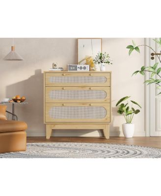 Rattan Drawer Dresser, 3 Wood Drawers Storage Cabinet Dresser for Bedroom