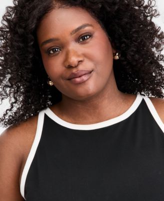 Trendy Plus Size Contrast-Trim High-Neck Sleeveless Midi Dress