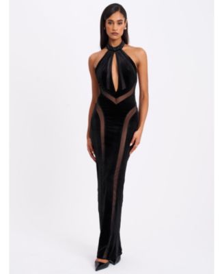 Women's Paityn Black Velvet Mesh Cutout Halter Gown