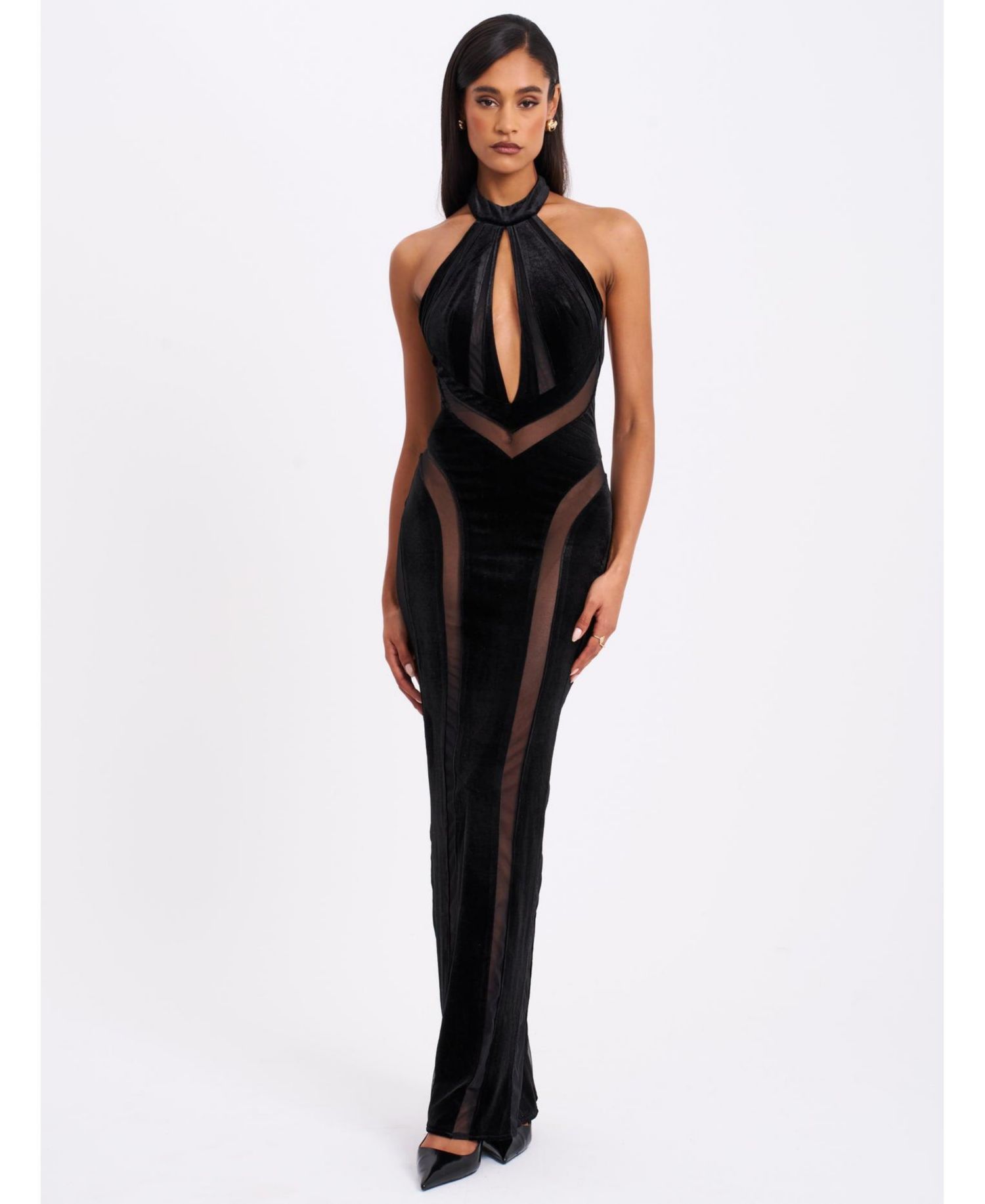 Women's Paityn Black Velvet Mesh Cutout Halter Gown