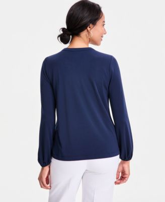 Women's Long-Sleeve Crepe Embellished-Neck Top