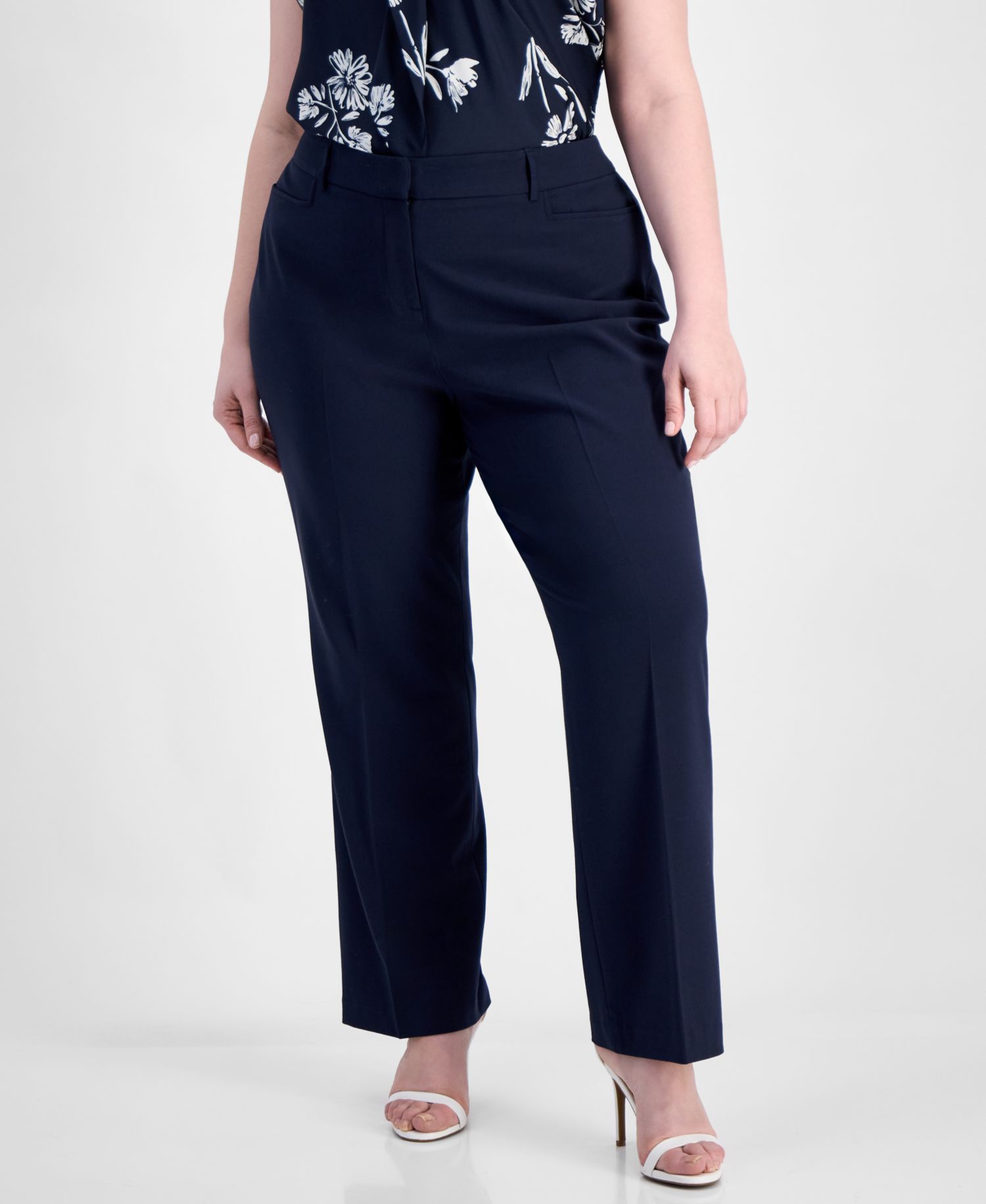 ASL Plus Size Bird Eye Press-Pleat Straight-Leg Pants