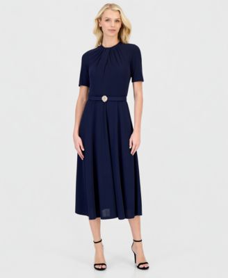 Women's Twist-Neck Flared Midi Dress