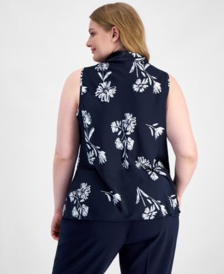 Plus Size Sailor Tie-Neck Sleeveless Blouse