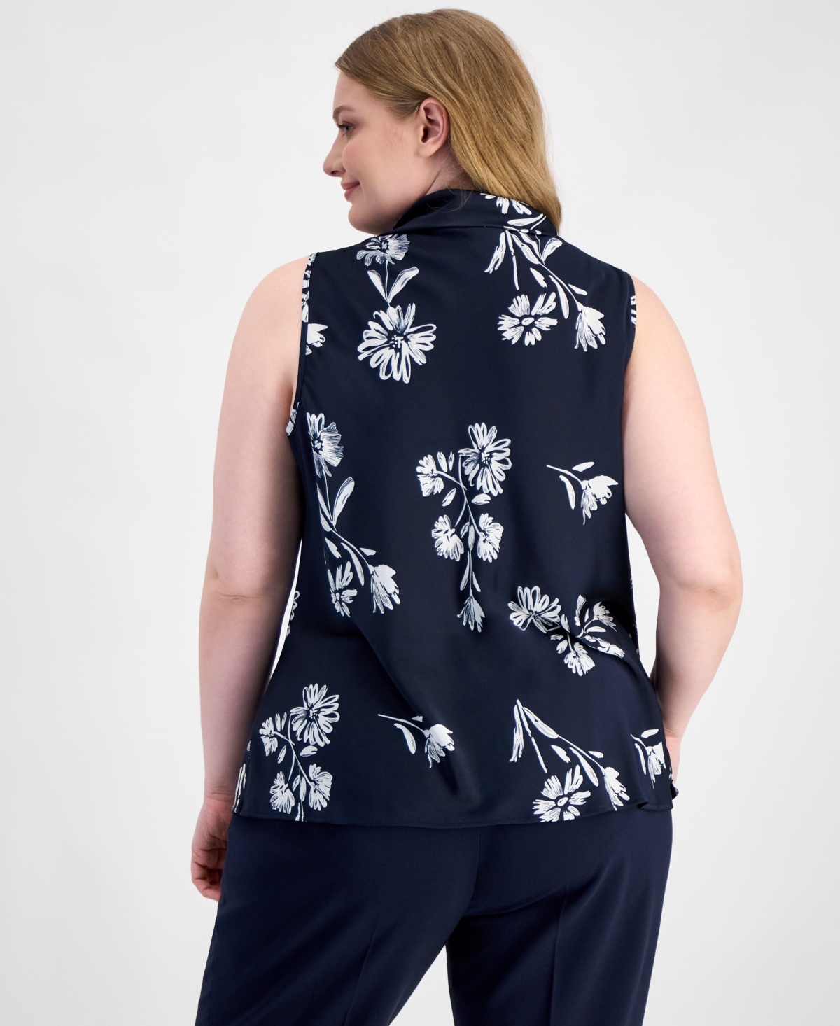 Tahari Asl Plus Sailor Tie-Neck Sleeveless Blouse