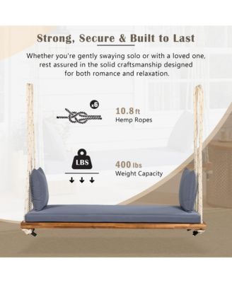 Patio Wooden Swing Chair, Hanging Porch Swing Bench with Cushion&Pillows, 10.8Ft Hemp Ropes for Garden,Backyard,Lawn