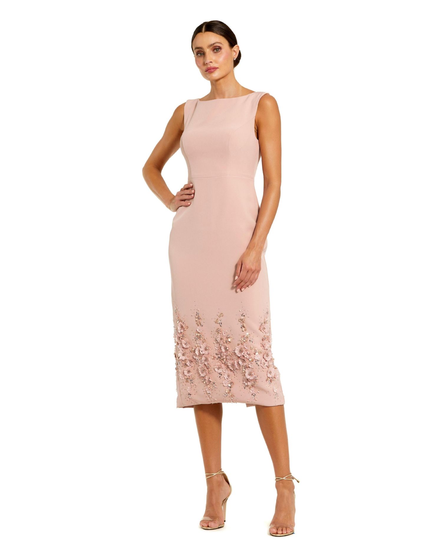 Petite Crepe Sleeveless Midi Dress With Flower Beading