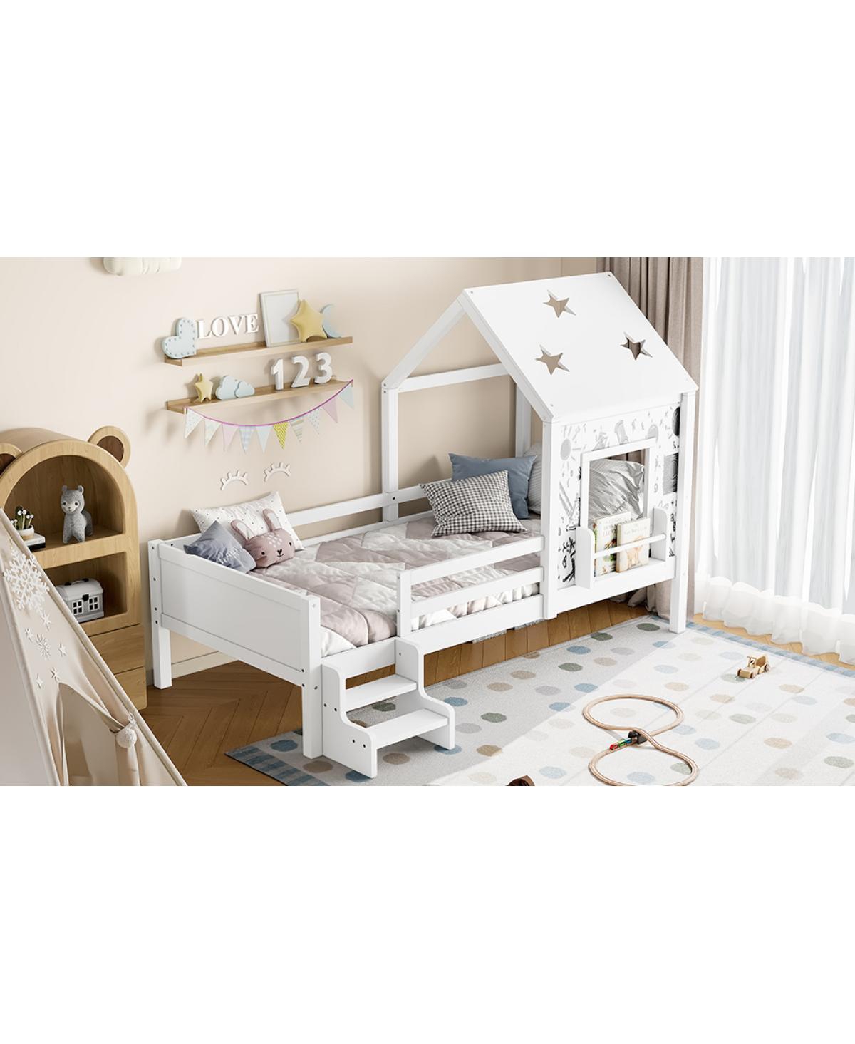 Streamdale Furniture Twin House Bed with Stairs, Bookcase, Blackboard & Roof