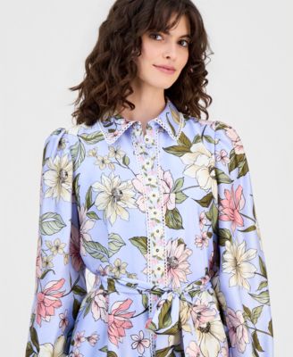 Women's Floral Print Blouson-Sleeve Shirtdress