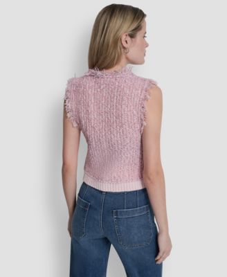 Women's Sleeveless Tweed Fringe Trimmed Sweater
