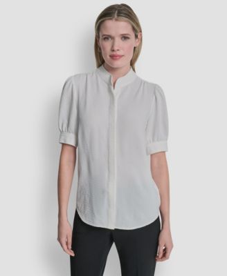 Women's Bell-sleeve Mandarin Collar Textured Blouse