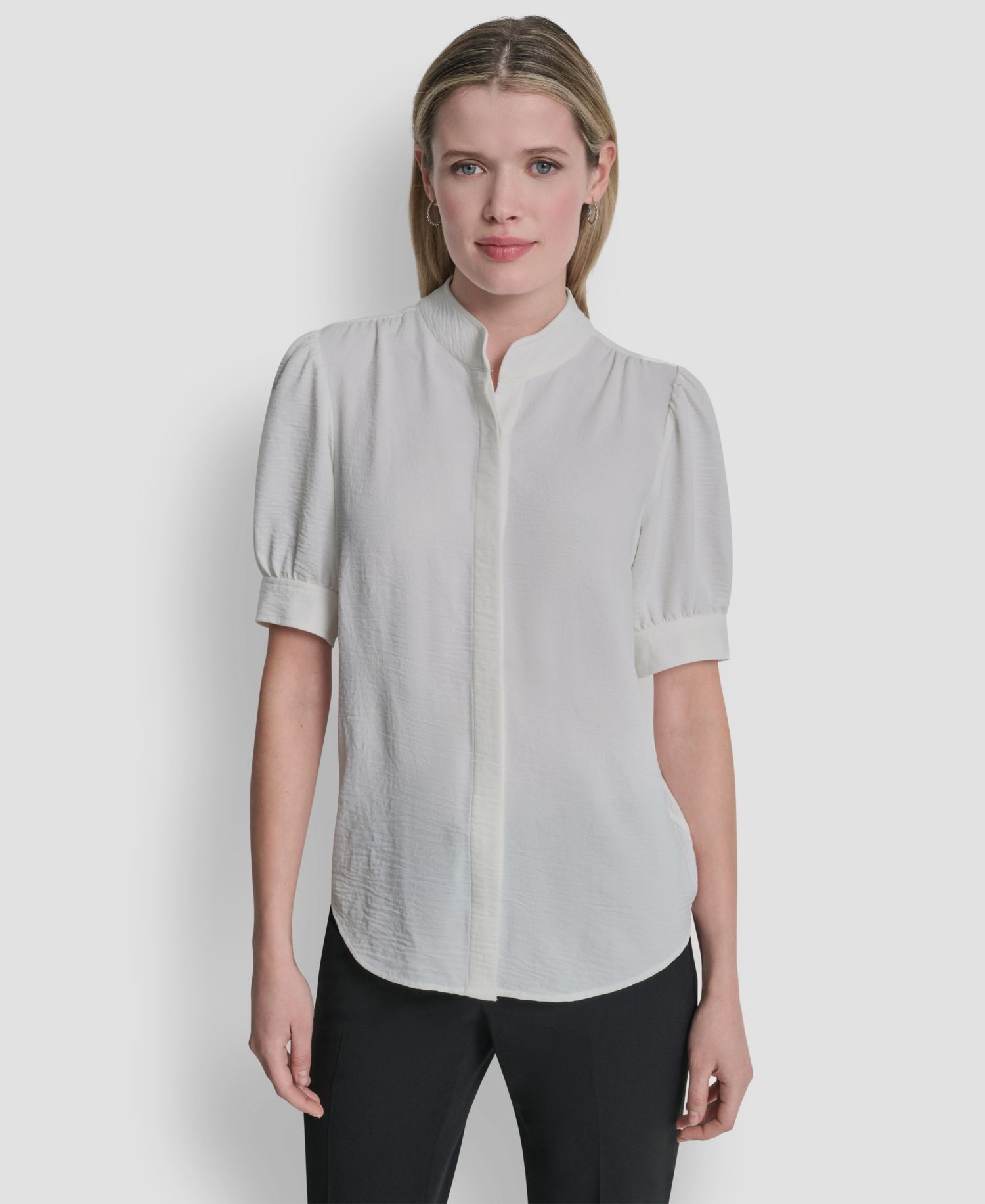 Women's Bell-sleeve Mandarin Collar Textured Blouse