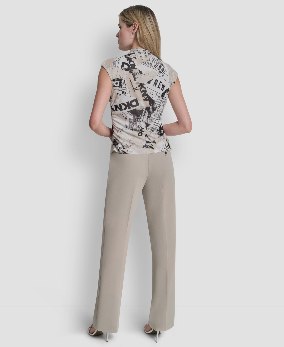 Dkny Women's Newspaper-Print Mock Neck Knit Mesh Top