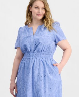 Plus Size Embroidered-Eyelet Short-Sleeve Midi Dress