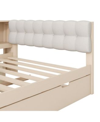 Wood Full Platform Bed w/Storage, Trundle, Charging Station, Upholstered Headboard
