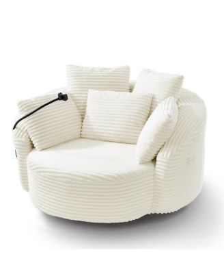 Swivel Corduroy Accent Barrel Chair with 5 Pillows & Phone Holder, Black