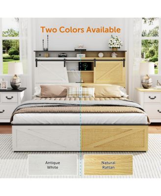 Farmhouse Full Bed Frame w/ Storage Headboard, Drawers, Charging & LED Lights